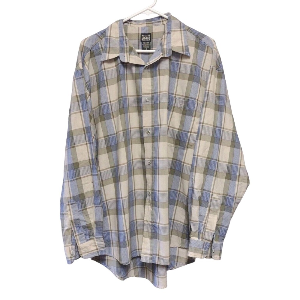 Plebe Mens L Plaid Long Sleeve Button Down Shirt Blue Green Pocket Locker Loop